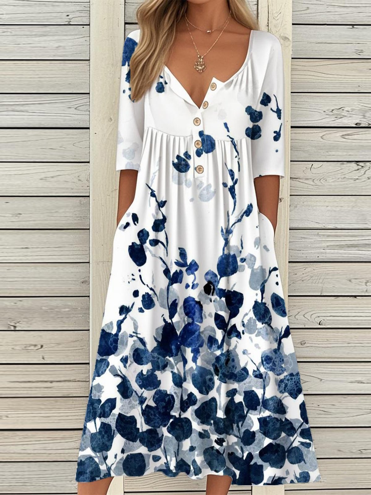Vintage Half Open Collar Loose Dress With No