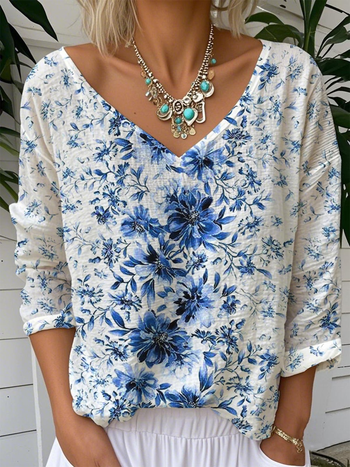 Loose Casual Gradient Pattern V Neck T-Shirt