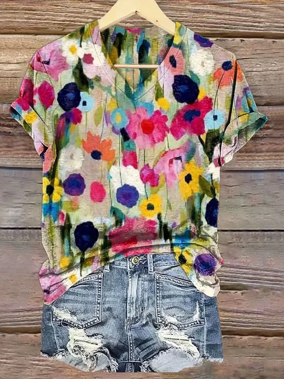 Casual V Neck Regular Fit Ethnic T-Shirt