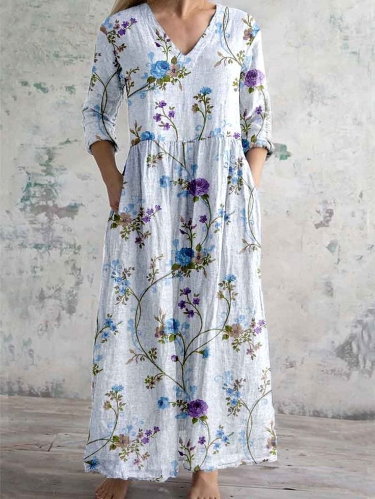 V Neck Floral Jersey Casual Dress
