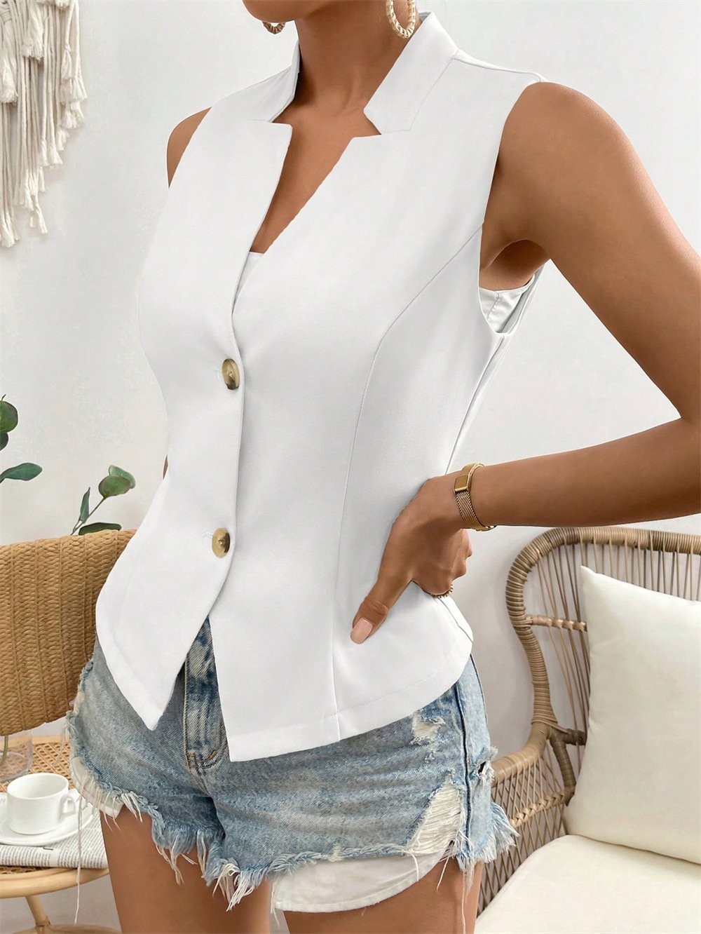 Women's Sleeveless Tank Top Summer Champagne Plain Buckle Stand Collar Daily Going Out Simple Top