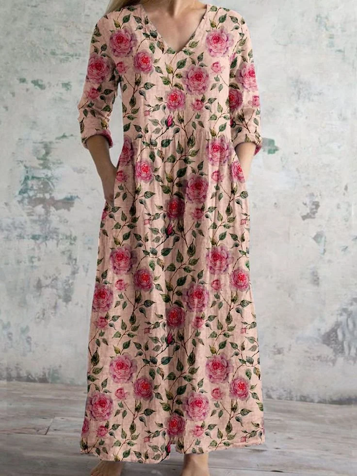 Floral V Neck Casual Jersey Dress