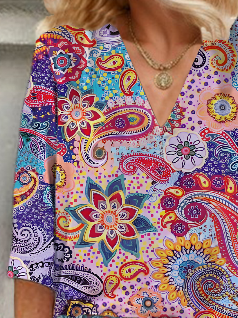 Women's Floral Paisley Print V-Neck Casual Blouse