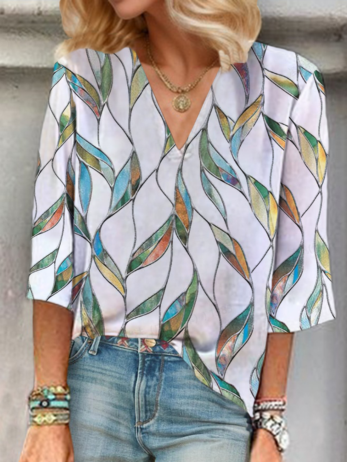 Women's Floral Print V-Neck Casual Blouse