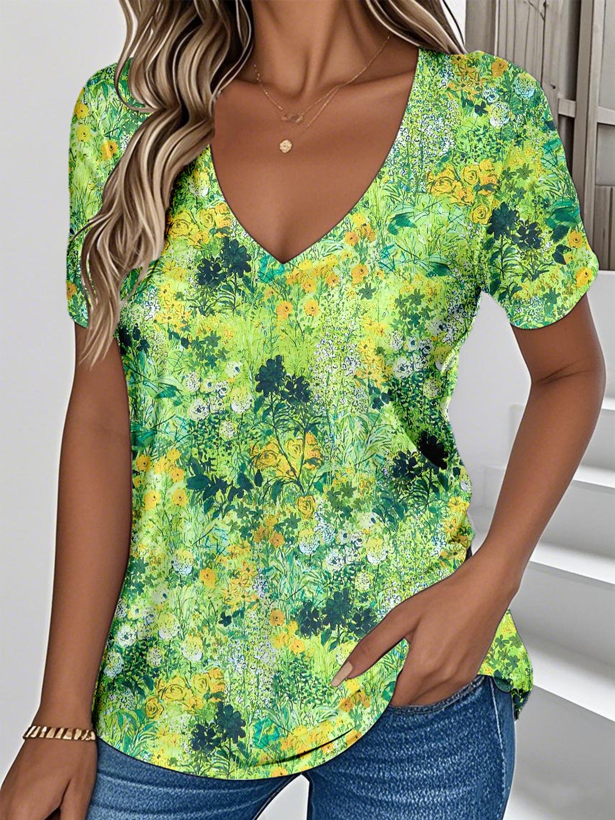 Floral Loose Casual V Neck T-Shirt