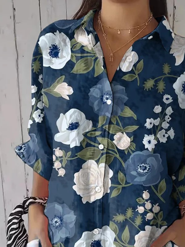 Women's Vintage Floral Print Casual Lapel Shirt