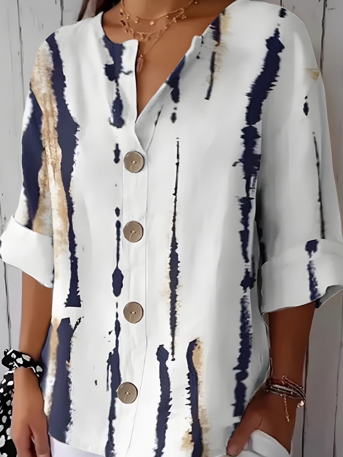 Women's Stripe Art Print Button Linen Blend Shirt