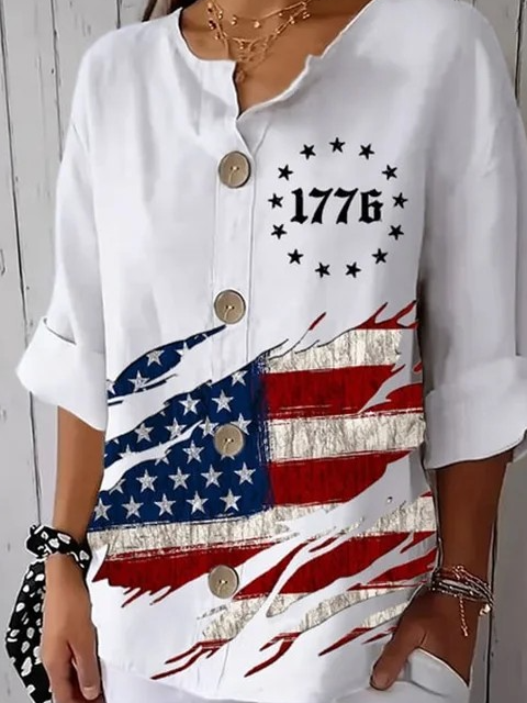 Women's Independence Day Flag Print Button Linen Blend Shirt