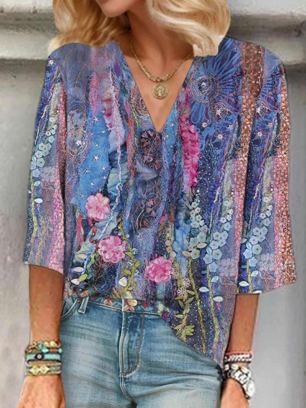 Women's Floral Print V-Neck Casual Blouse
