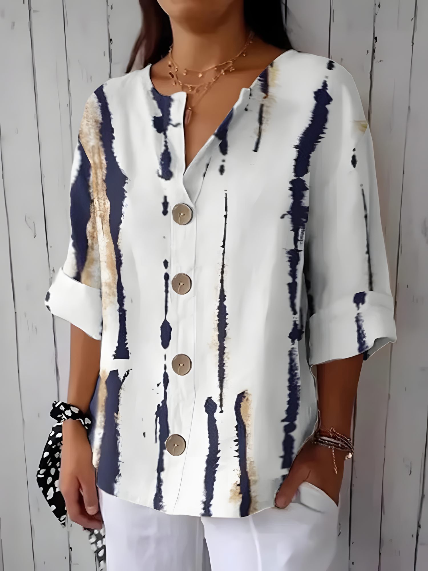 Women's Stripe Art Print Button Linen Blend Shirt