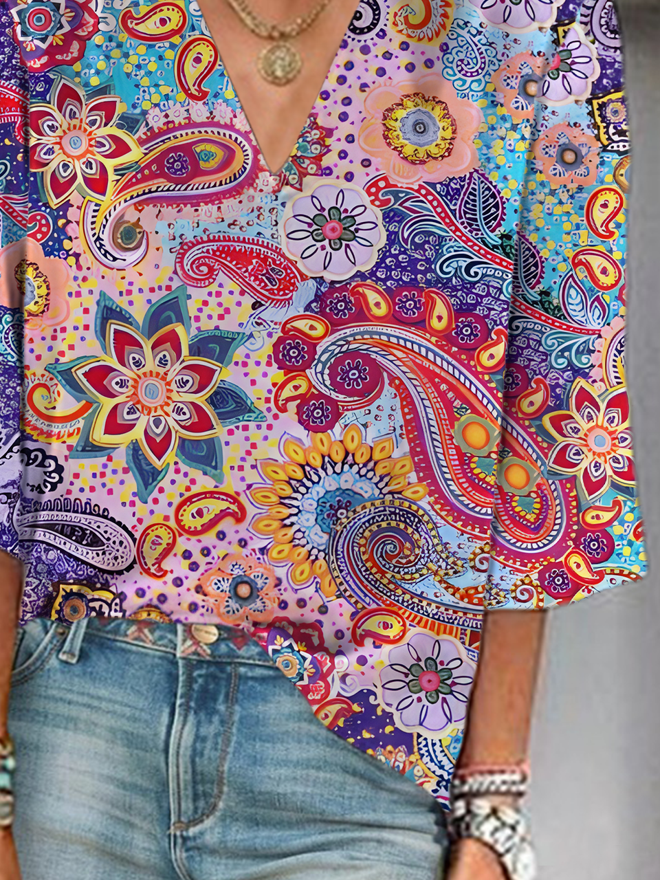 Women's Floral Paisley Print V-Neck Casual Blouse