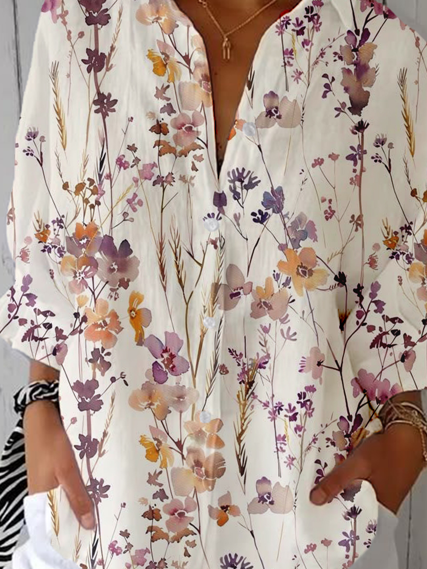 Botanical Pattern Casual Loose Shirt Collar Shirt