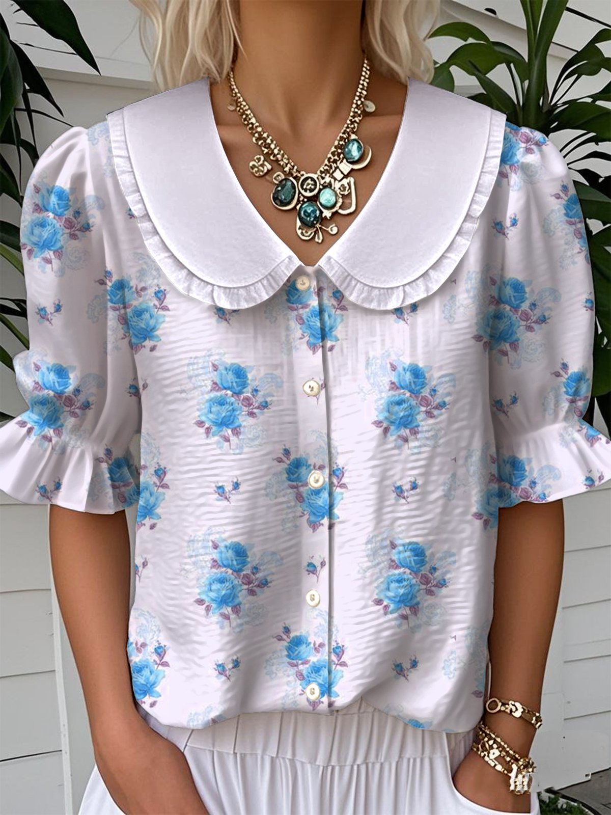 Floral Simple Loose Shawl Collar Shirt