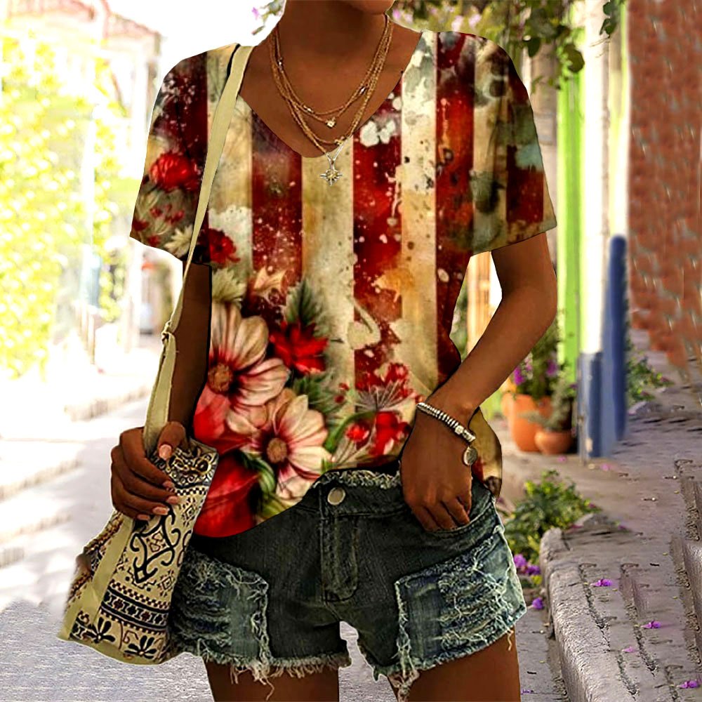 Regular Fit V Neck Floral Casual T-Shirt