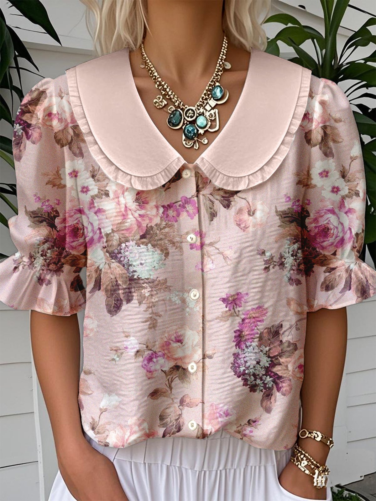 Casual Floral Loose Shawl Collar Shirt