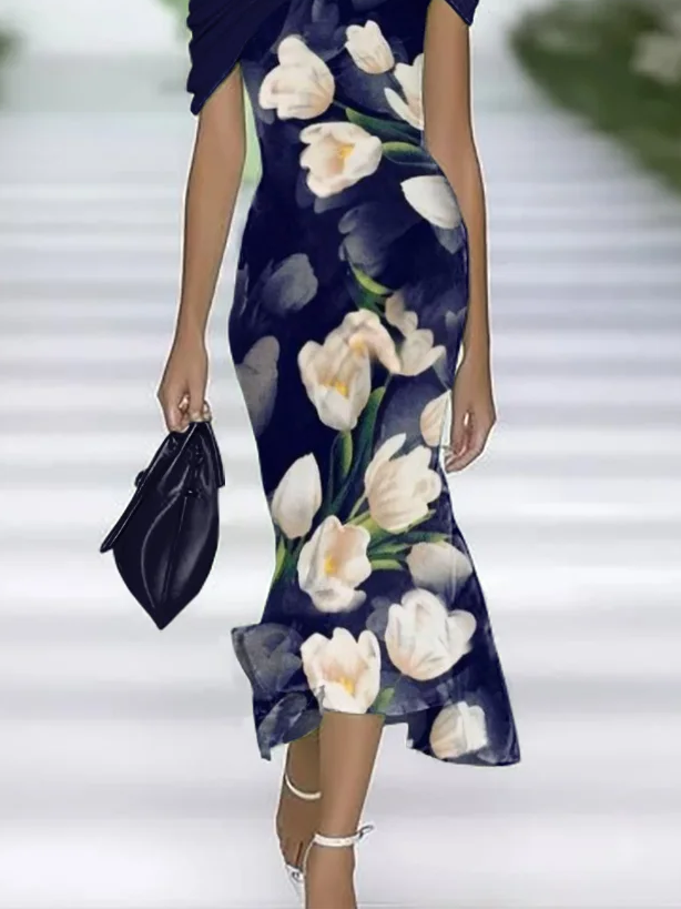 Women's Cap Sleeve Summer Purplish blue Floral Printing Cold Shoulder Daily Going Out Vintage Maxi H-Line Dress