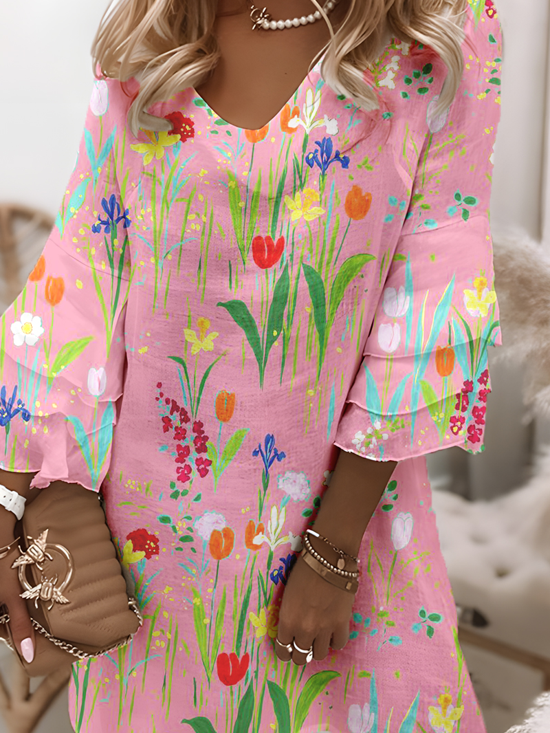 Loose Cotton V Neck Vintage Dress