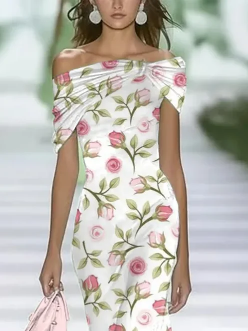 Women's Cap Sleeve Summer White Floral Printing Cold Shoulder Daily Going Out Vintage Maxi H-Line Dress