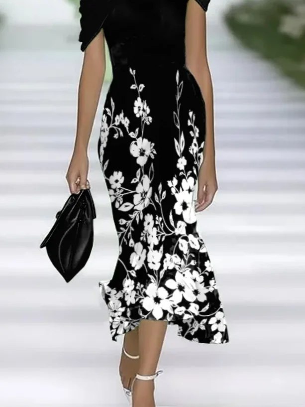 Women's Cap Sleeve Summer Black Floral Printing Cold Shoulder Daily Going Out Vintage Maxi H-Line Dress