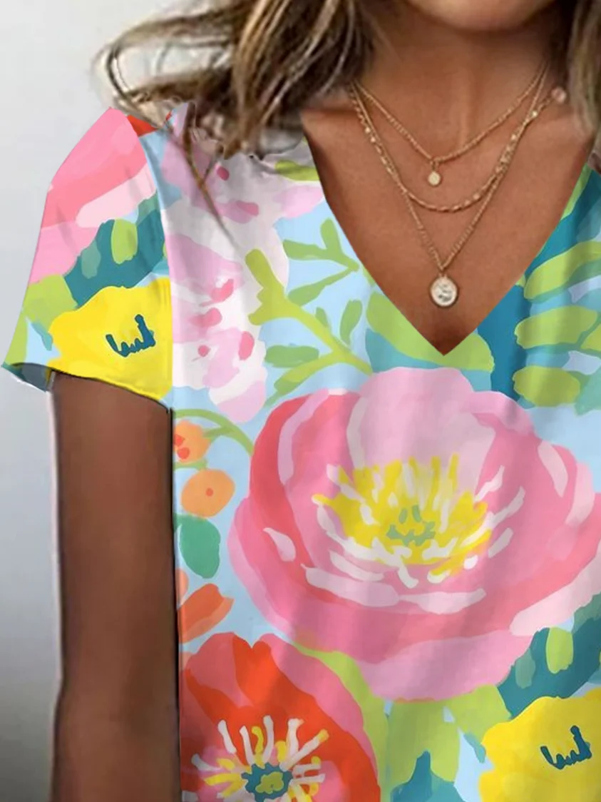 Women's Floral Print Casual V-Neck Short Sleeve T-Shirt