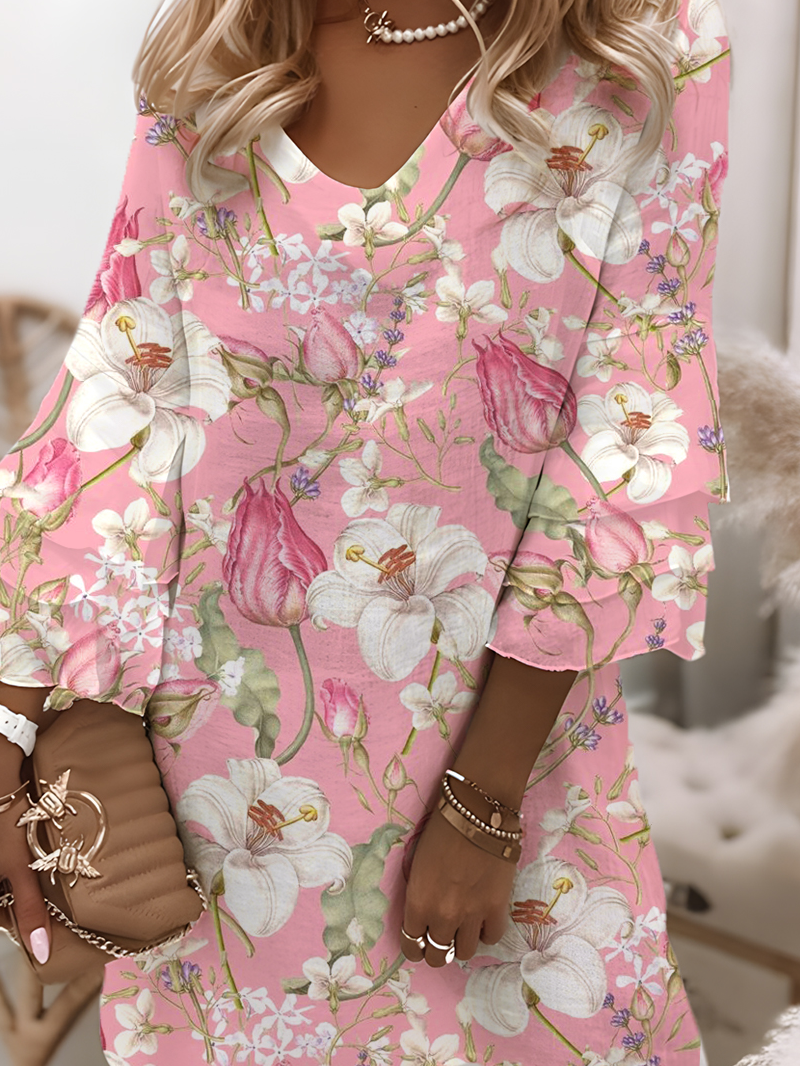 Loose Floral Vintage V Neck Dress
