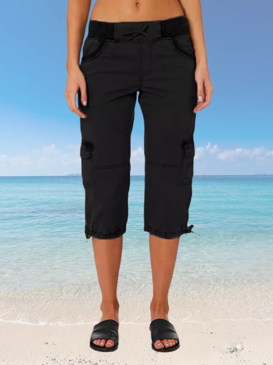 Women's  Elastic Waist H-Line Wide Leg Pants Daily Going Out Pants Black Casual Pocket Stitching Plain Summer Pants