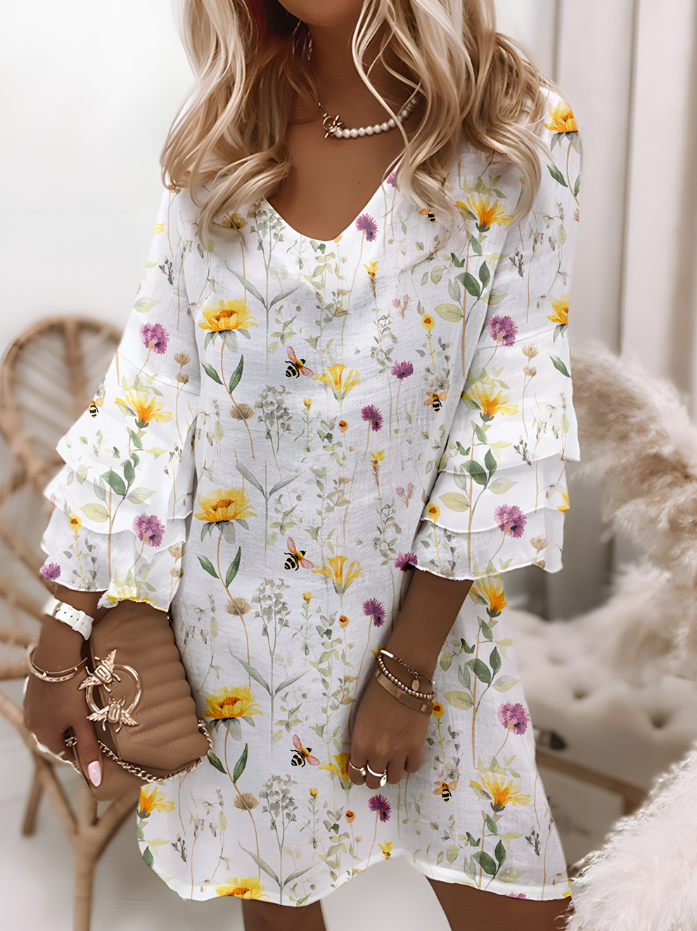 Casual Lace Sleeve V-Neck Printed Dress
