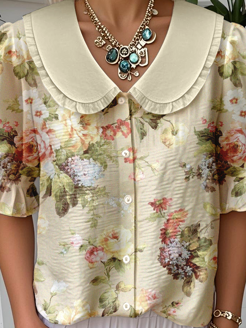 Casual Floral Loose Shawl Collar Shirt