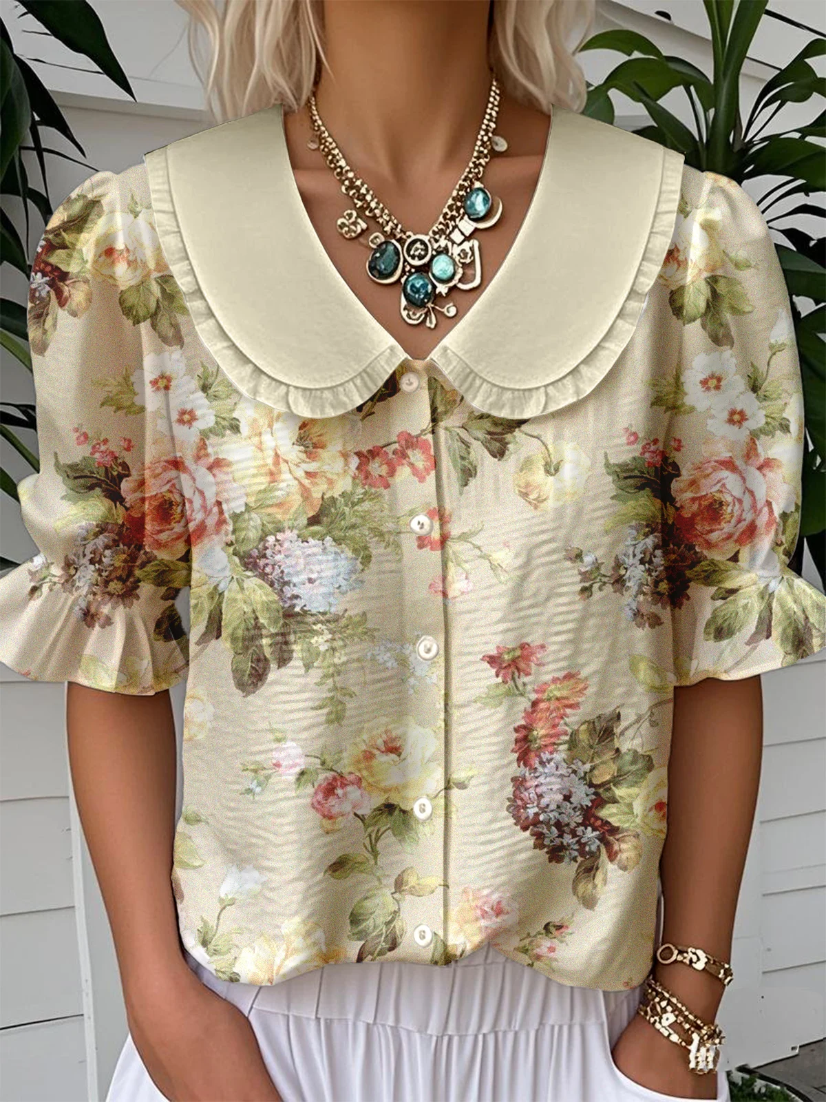 Casual Floral Loose Shawl Collar Shirt