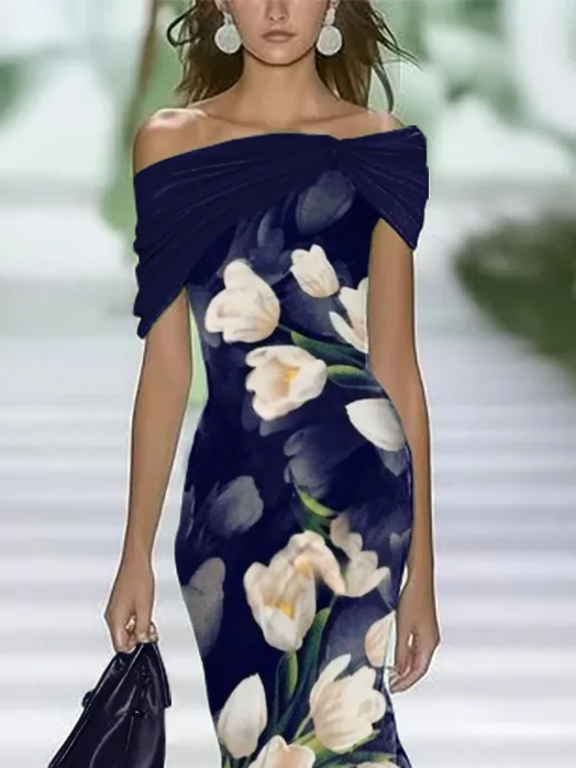 Women's Cap Sleeve Summer Purplish blue Floral Printing Cold Shoulder Daily Going Out Vintage Maxi H-Line Dress