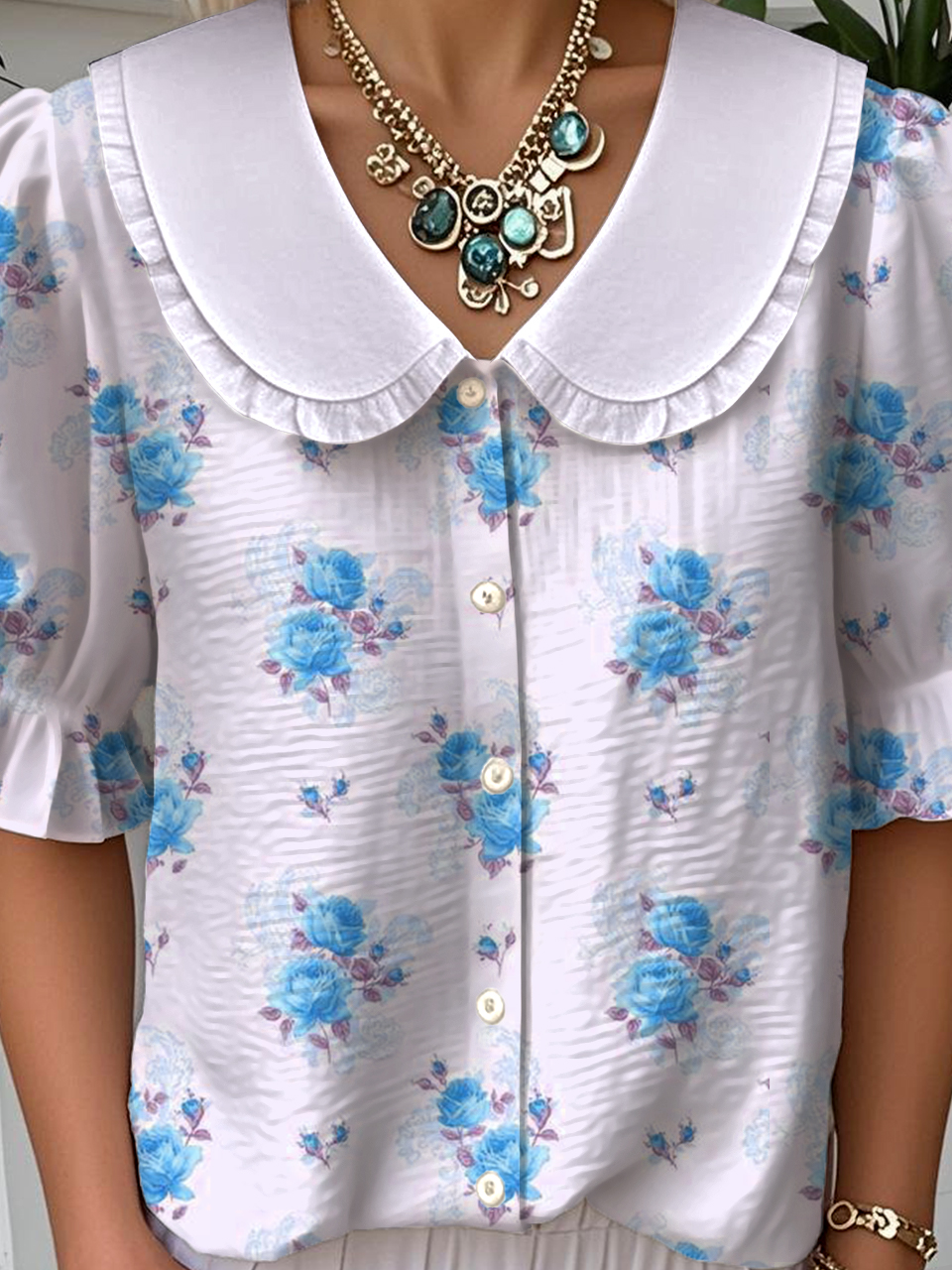Floral Simple Loose Shawl Collar Shirt