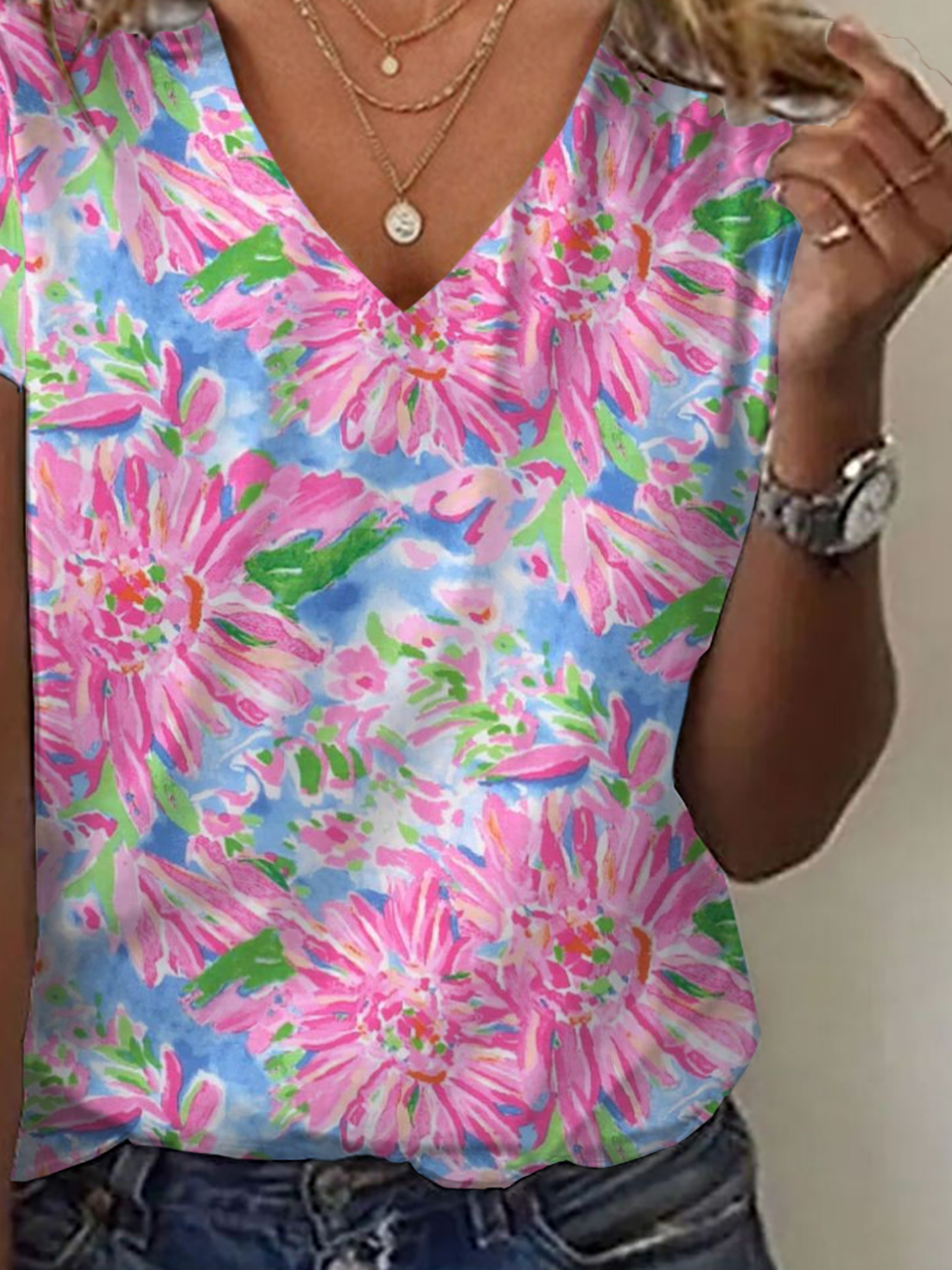Women's Floral Print Casual V-Neck Short Sleeve T-Shirt