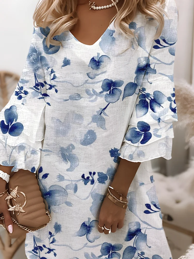 V Neck Loose Floral Vintage Dress