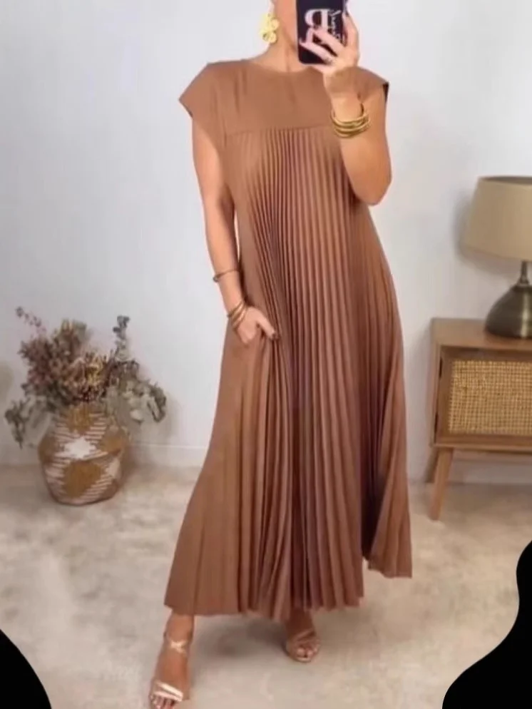 Women's Short Sleeve Summer Yellow Plain Split Joint Crew Neck Daily Going Out Vintage Maxi A-Line T-Shirt Oversized Dress