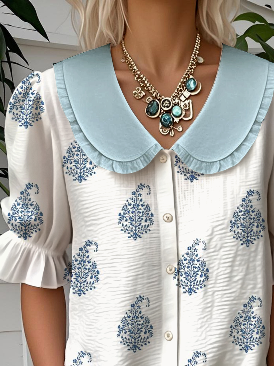 Geometric Casual Loose Shawl Collar Shirt