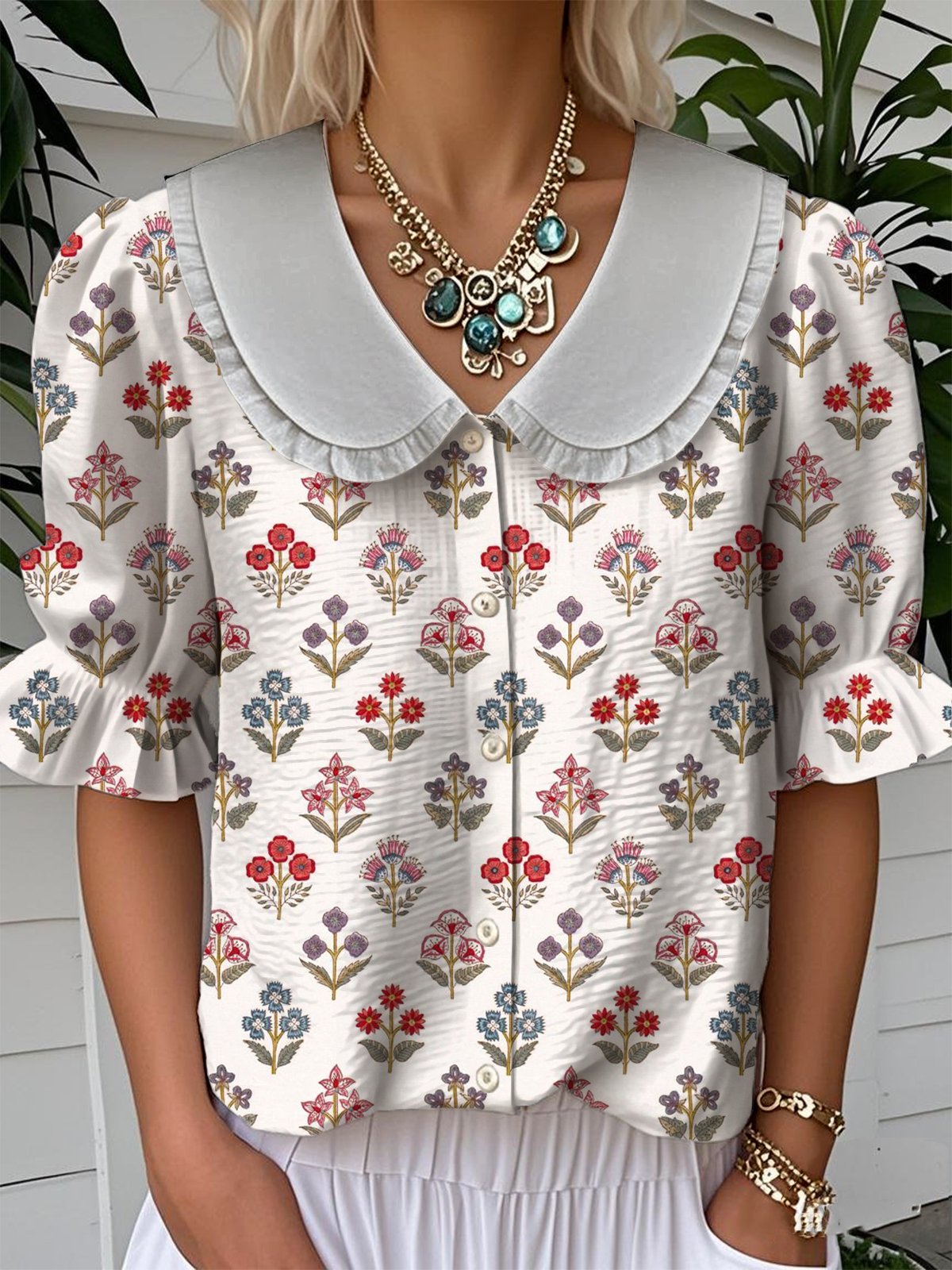 Shawl Collar Floral Loose Casual Shirt