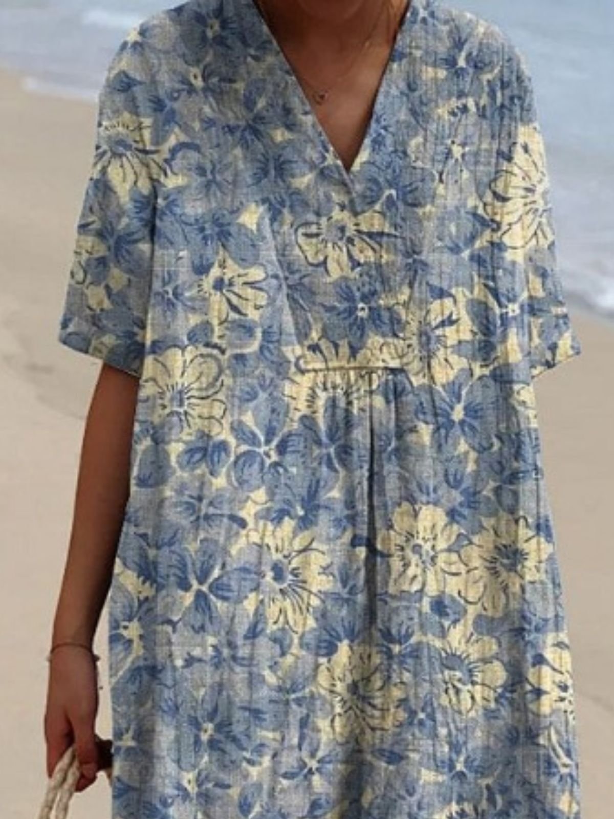 Cotton Casual Floral V Neck Dress With No
