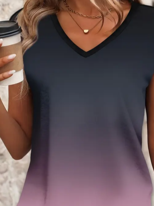 Women's Gradient Printed Casual V-Neck Short Sleeve T-Shirt