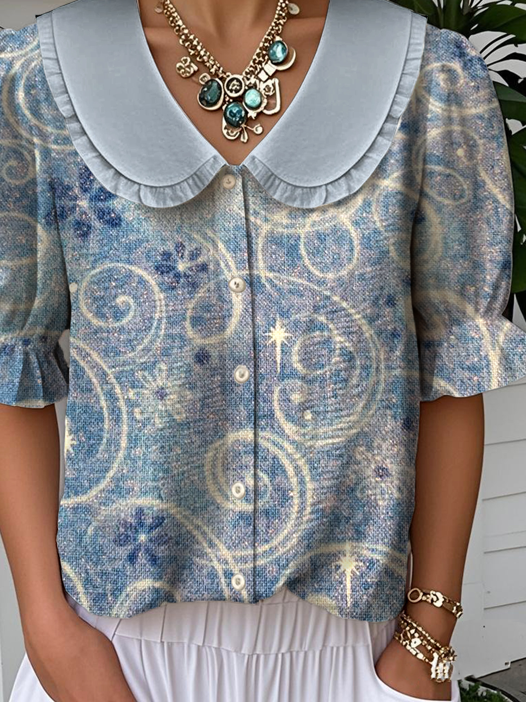 Loose Faux Denim Print Graphic Simple Shirt
