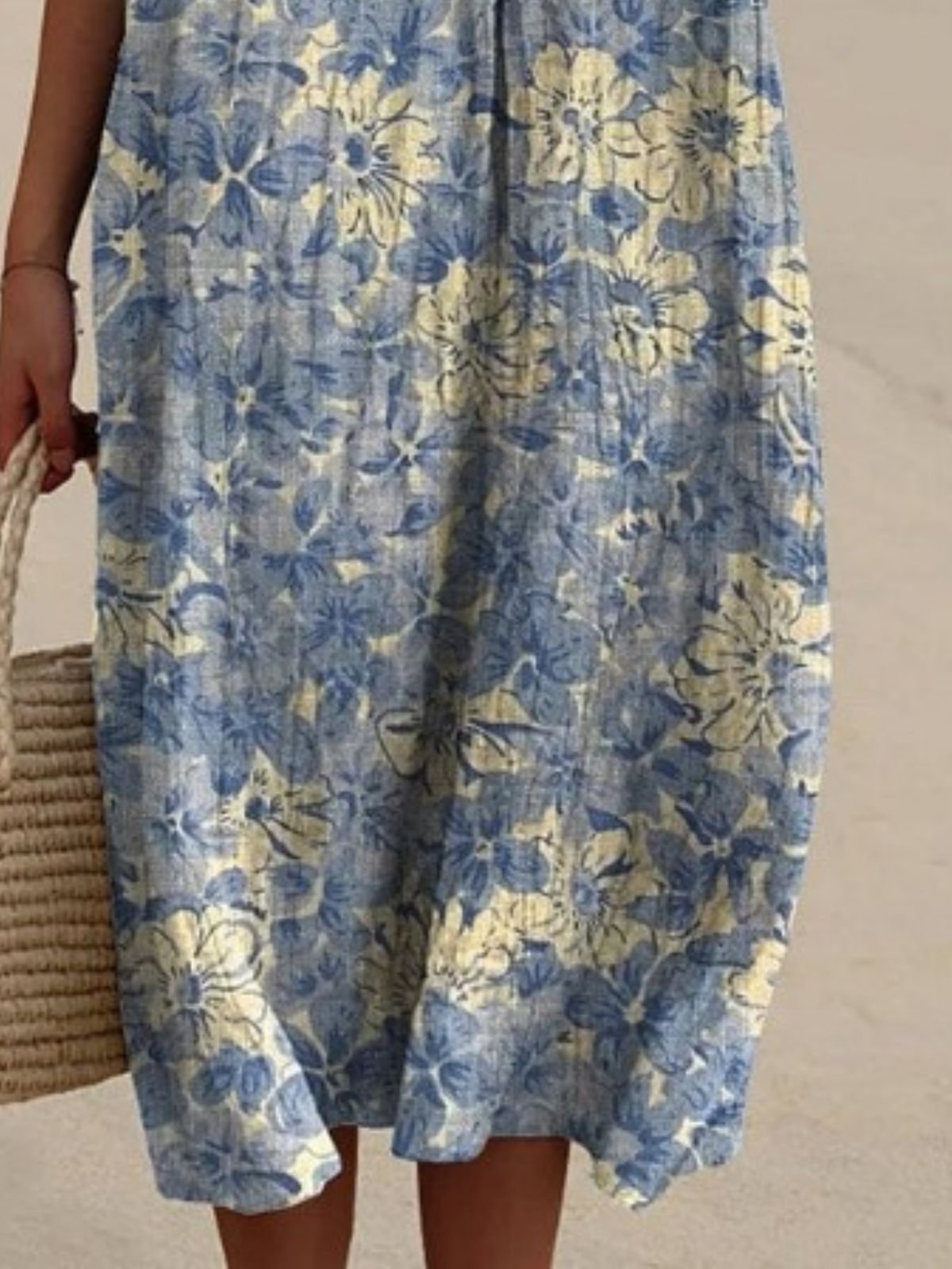 Cotton Casual Floral V Neck Dress With No