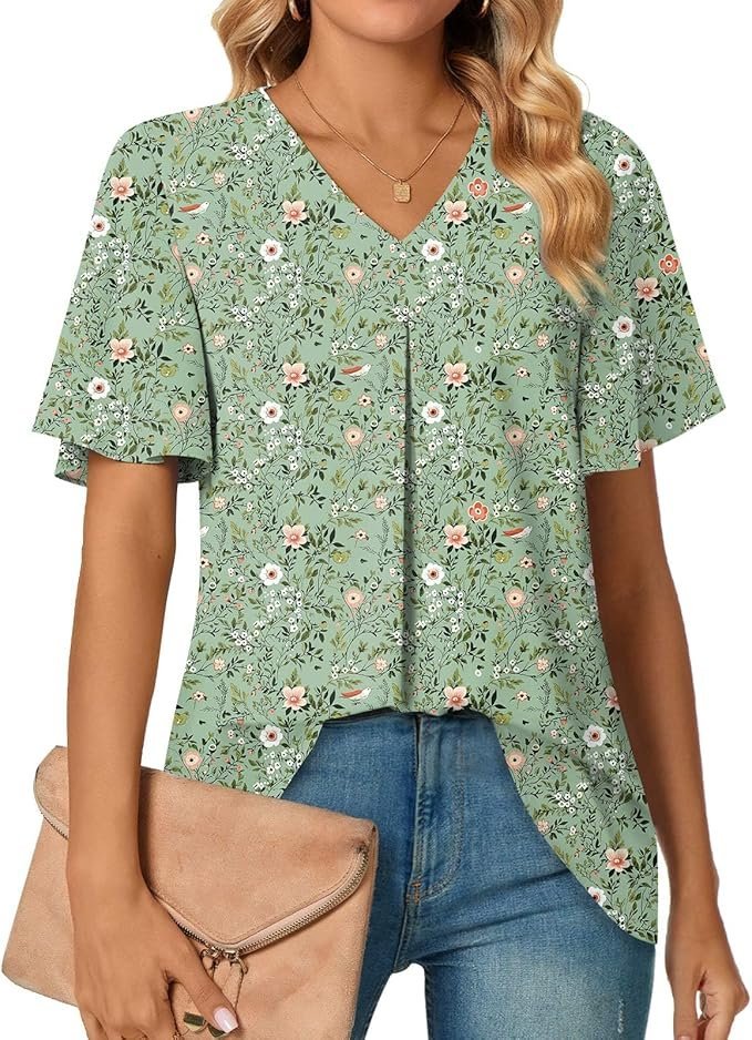 Cotton Floral Casual V Neck Shirt