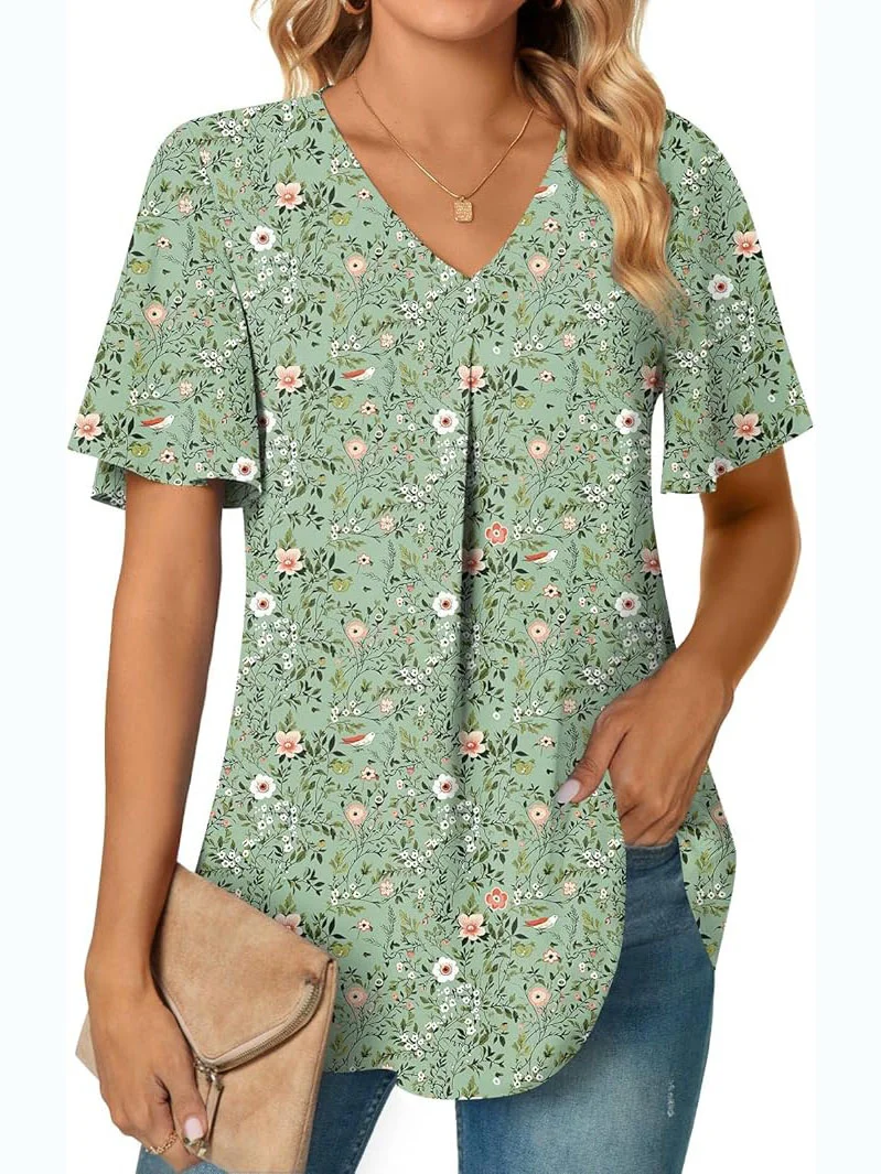 Cotton Floral Casual V Neck Shirt