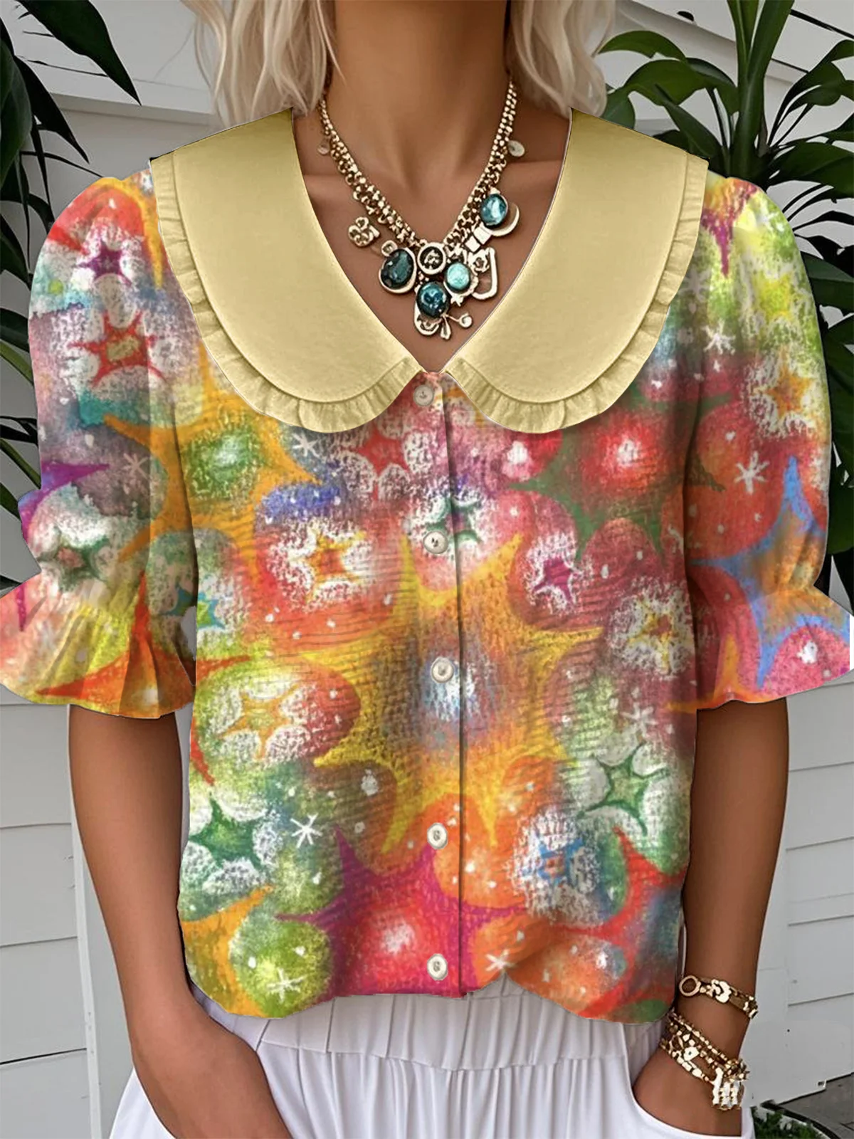 Simple Geometric Loose Shawl Collar Shirt