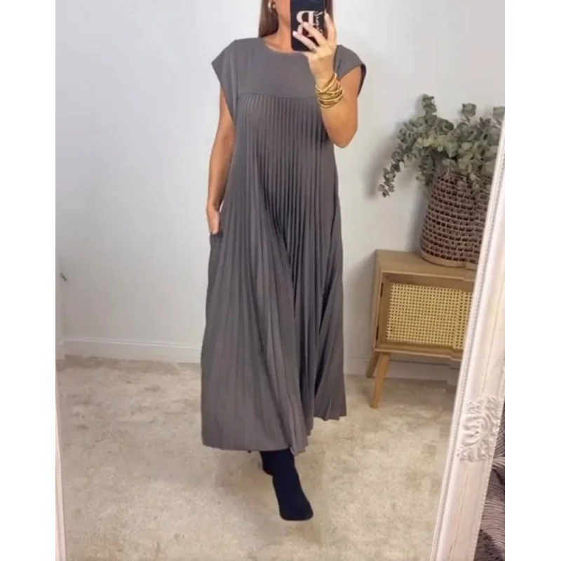 Women's Short Sleeve Summer Yellow Plain Split Joint Crew Neck Daily Going Out Vintage Maxi A-Line T-Shirt Oversized Dress