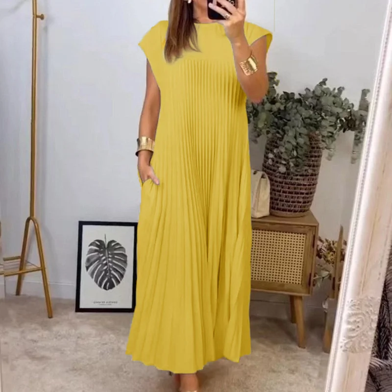 Women's Short Sleeve Summer Yellow Plain Split Joint Crew Neck Daily Going Out Vintage Maxi A-Line T-Shirt Oversized Dress