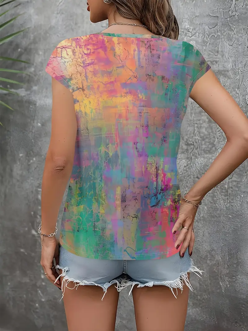 Women's Abstract Printed Casual V-Neck Short Sleeve T-Shirt