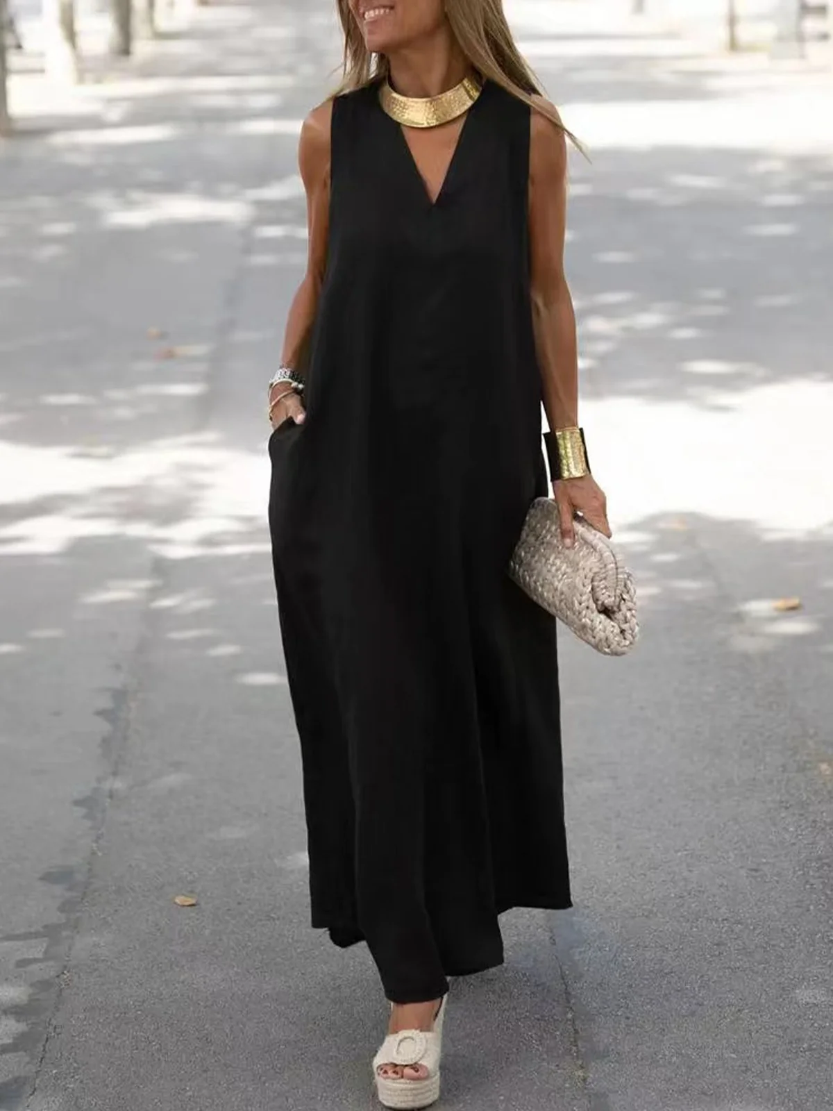 Casual Plain V Neck Maxi Dress
