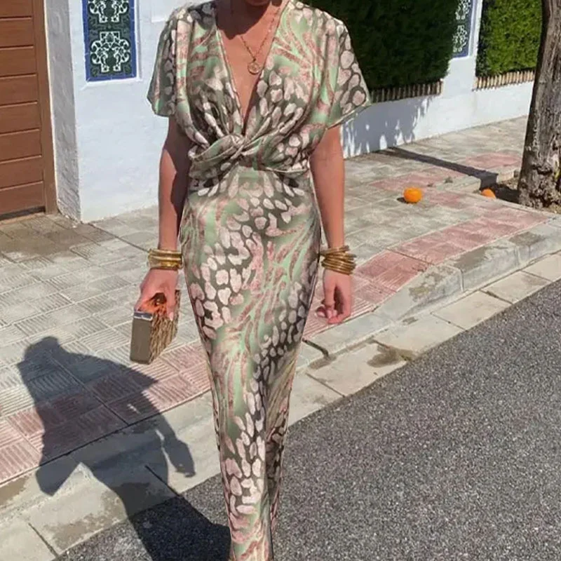Women's Short Sleeve Summer Green Zebra Split Joint V Neck Daily Going Out Casual Maxi A-Line Hip Skirt Dress
