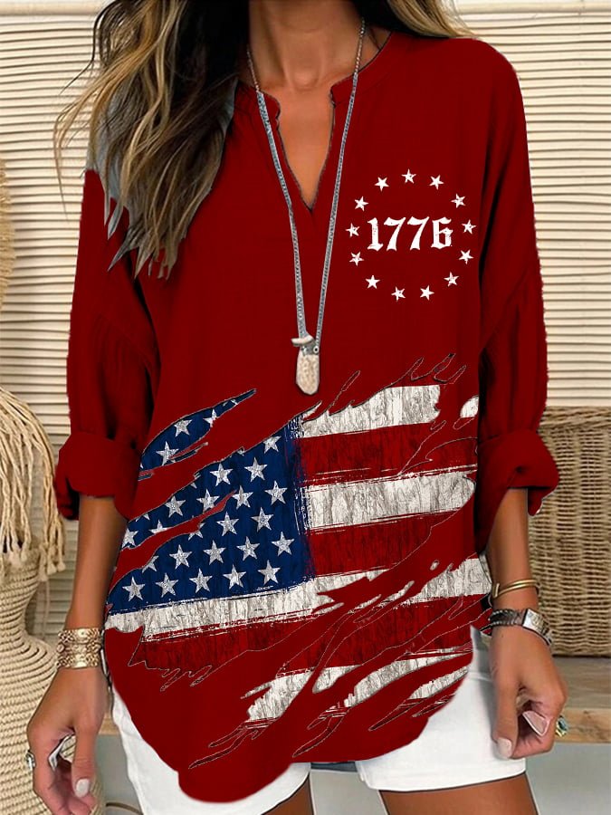 Women's Independence Day Flag Design Casual Loose V-Neck Long Sleeve Shirt
