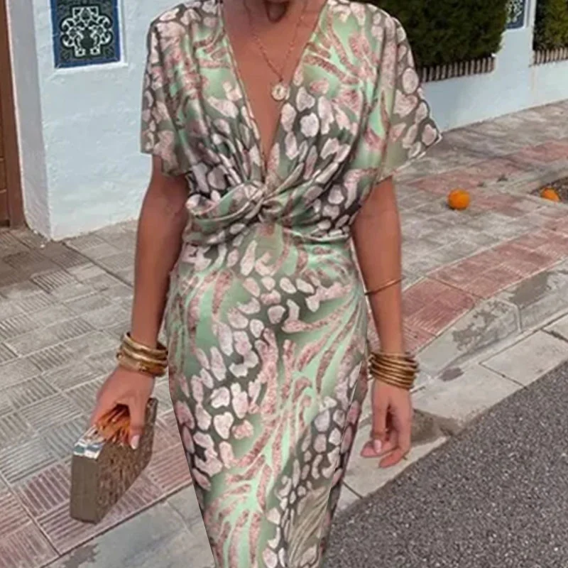 Women's Short Sleeve Summer Green Zebra Split Joint V Neck Daily Going Out Casual Maxi A-Line Hip Skirt Dress